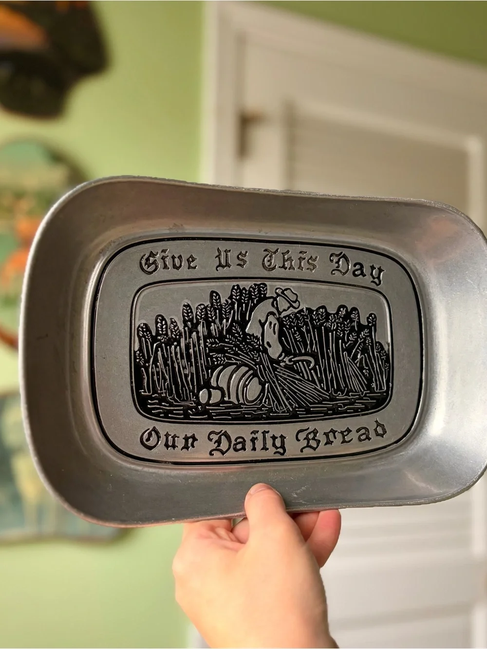 Silver-Tone 'Our Daily Bread' Decorative Serving Tray Cottagecore Kitchenware